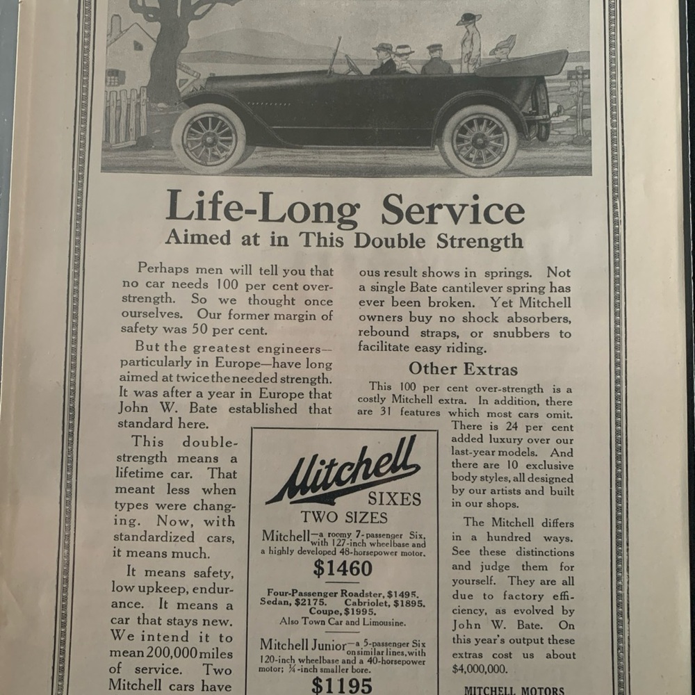 Vintage 1917 Mitchelll Life Long Service Ad Advertisement